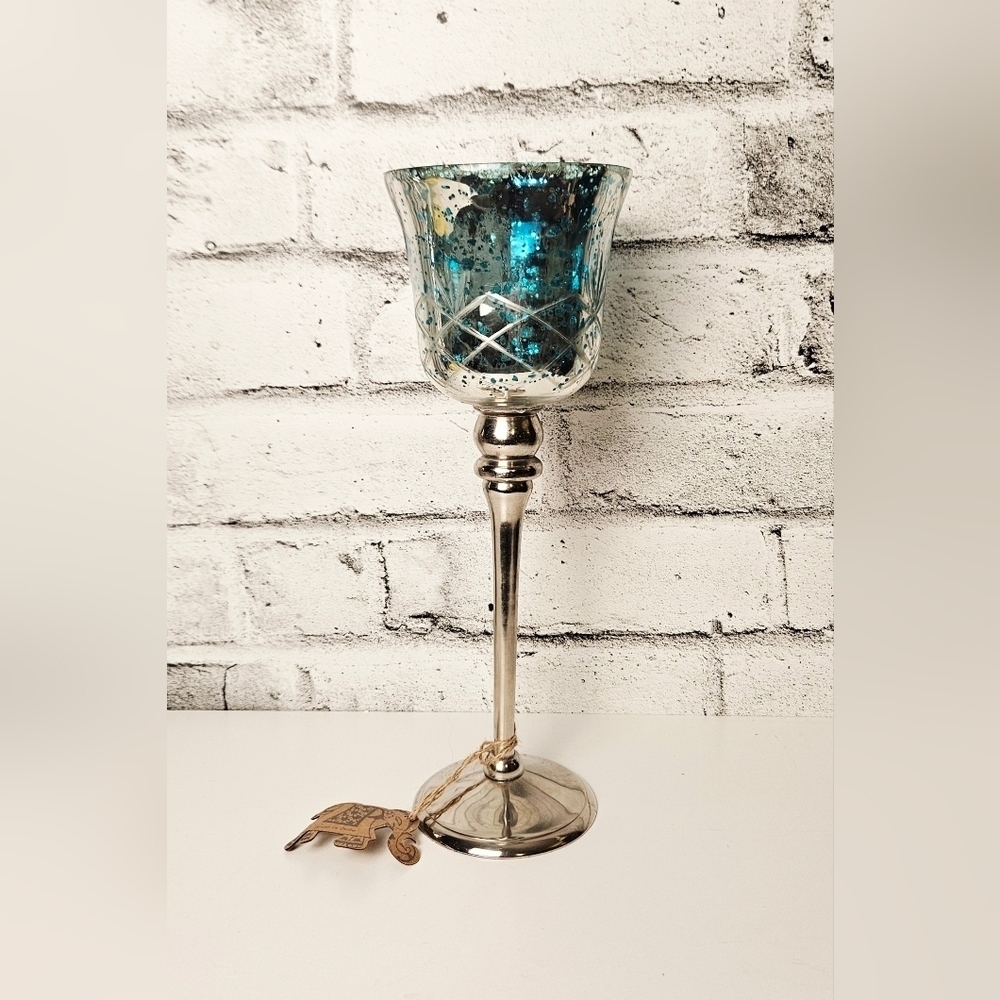Teal 12.5" Mercury Glass Goblet Candle Holder Silver Stem Boho Glam Decor India